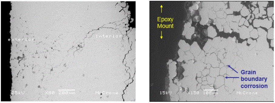 Figure 6. Secondary electron SEM images of the polished cross-section near the filling tube fracture site.