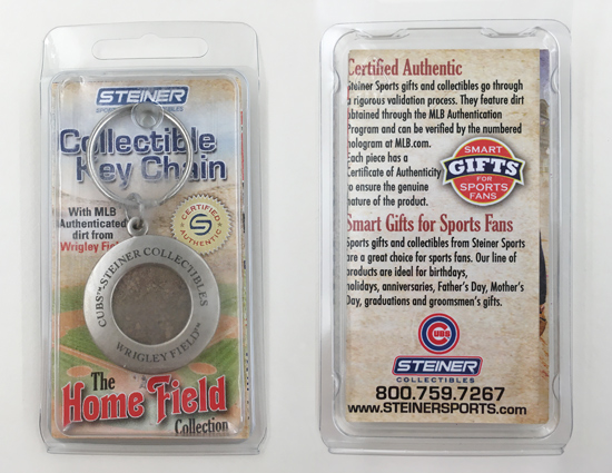 Collectable keychain containing certified Wrigley Field infield dirt