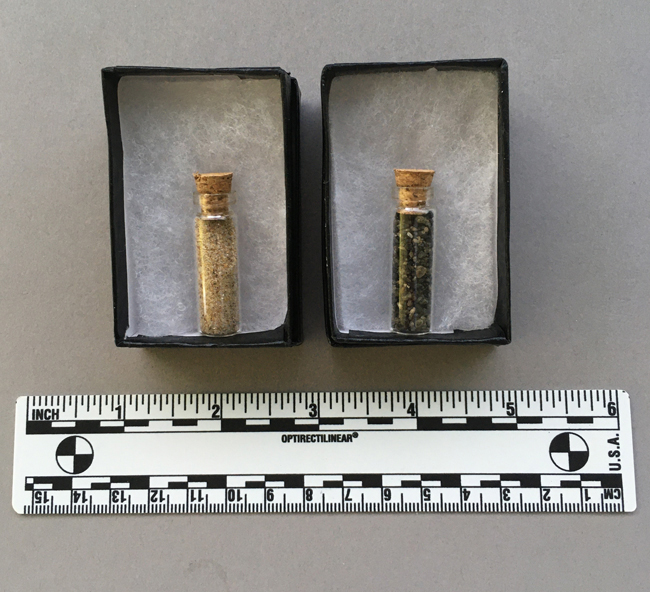 Sand from Normandy Beach (left vial) and Iwo Jima (right vial).