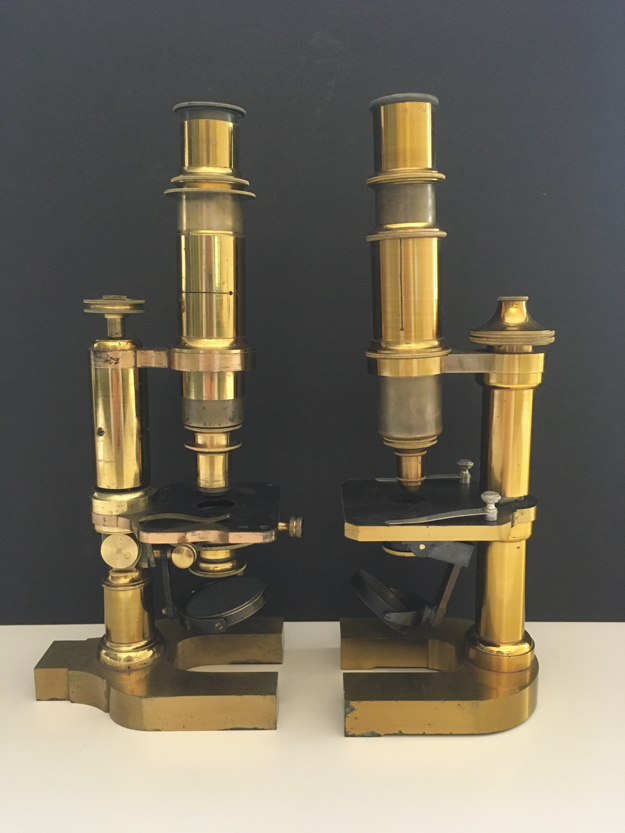 Left: Henry Crouch student microscope; right: Carl Zeiss student microscope.