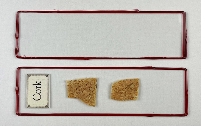 Wax coated slides with cork specimen and paper label