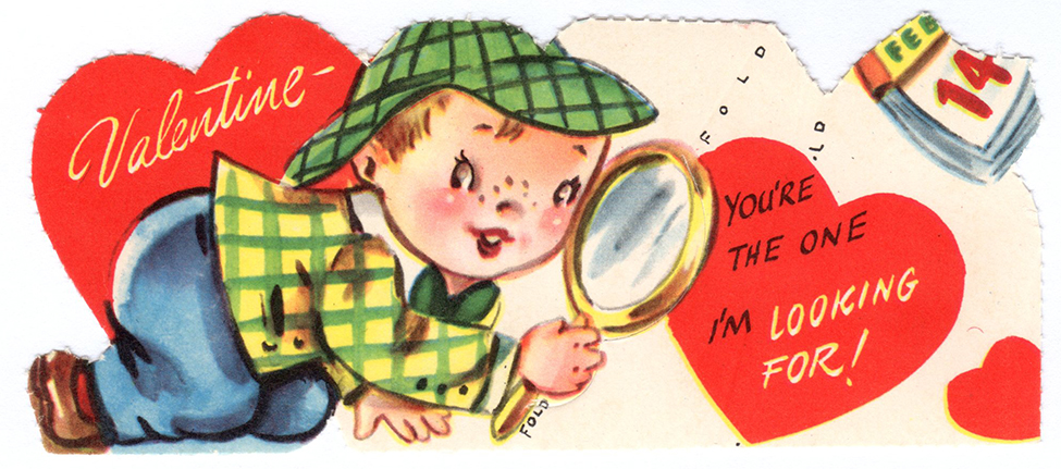 magnifying glass on valentine's day card